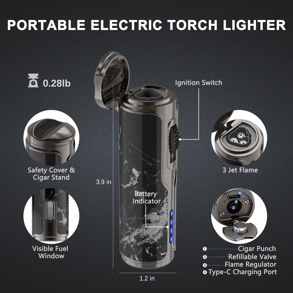 Cigar Lighter with Cigar Punch Holder,Windproof Electric Torch Lighter,Refillable Butane Lighters for Smoking with Gift Box