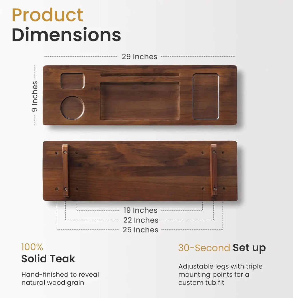 Teak Bathtub Tray Caddy - 29" Wide Adjustable Bathtub Table for Freestanding Tubs, Non-Slip Design with Phone/Wine Holder, Brown