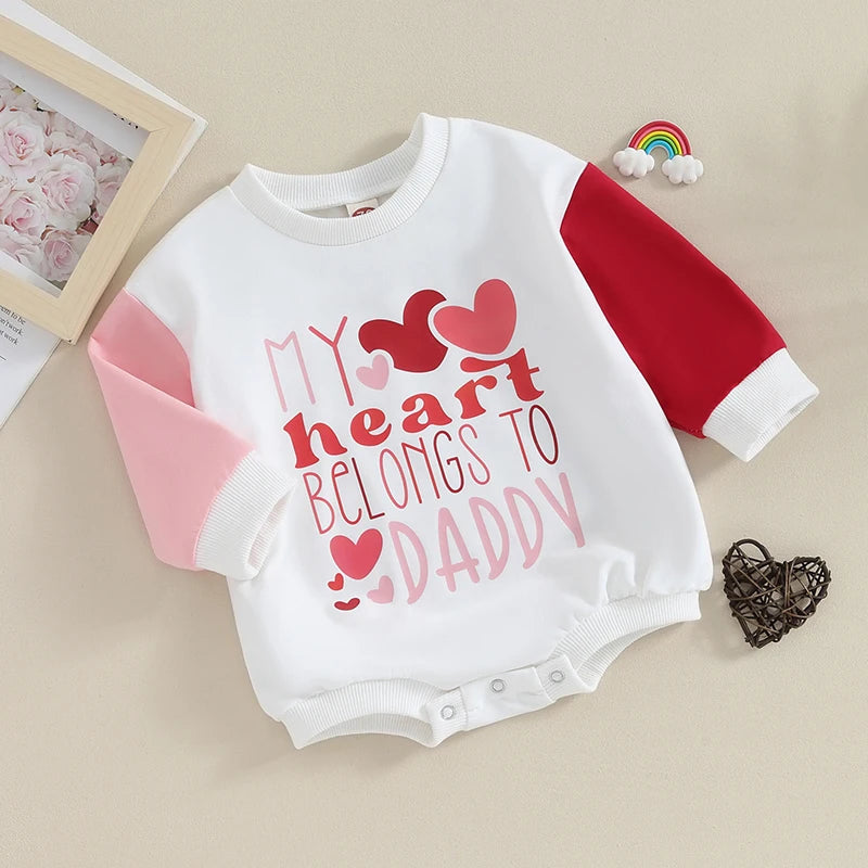 Infant Girls Valentine s Day Jumpsuit with Heart Print and Long Sleeve Crew Neck Contrast Color Sweatshirt Romper