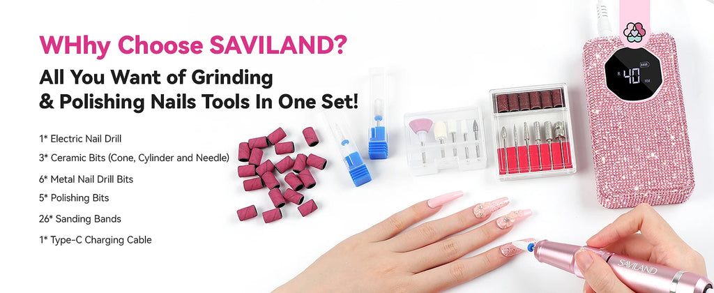 SAVILAND 40000RPM Professional Electric Nail Drill Machine Kit Rechargeable 4000mAh Electric Nail File for Thick Acrylic Nails - Firu Total Sales