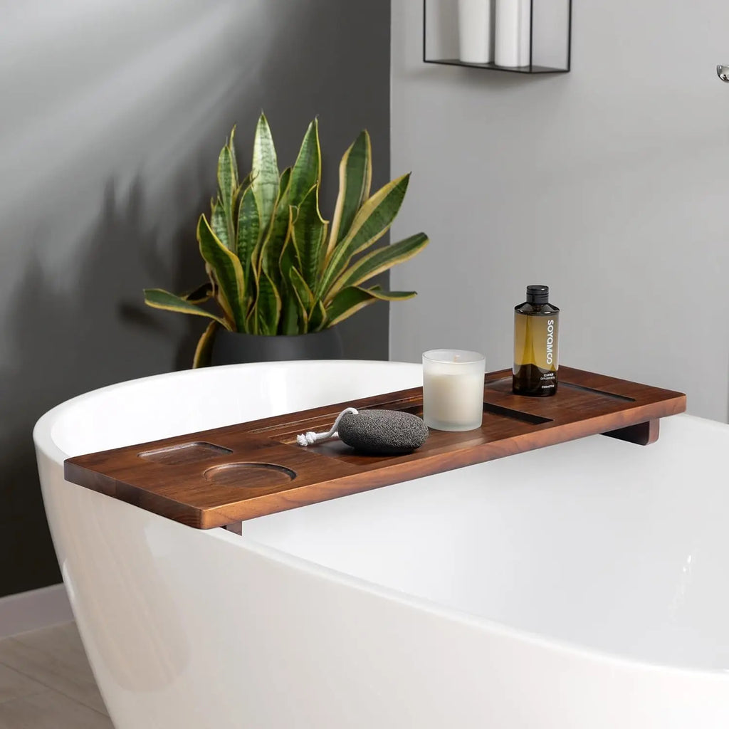 Teak Bathtub Tray Caddy - 29" Wide Adjustable Bathtub Table for Freestanding Tubs, Non-Slip Design with Phone/Wine Holder, Brown
