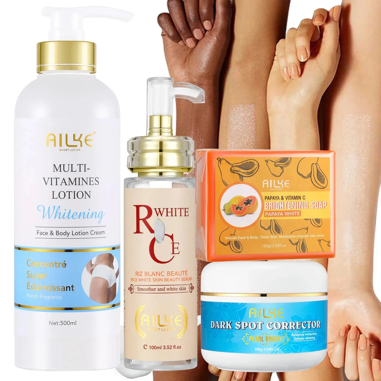 AILKE Natural Multi-Vitamin Lightening Skin Care Kit, Moisturize, Even Toning, Remove Dark and White Spots, Clean & Smooth Skin