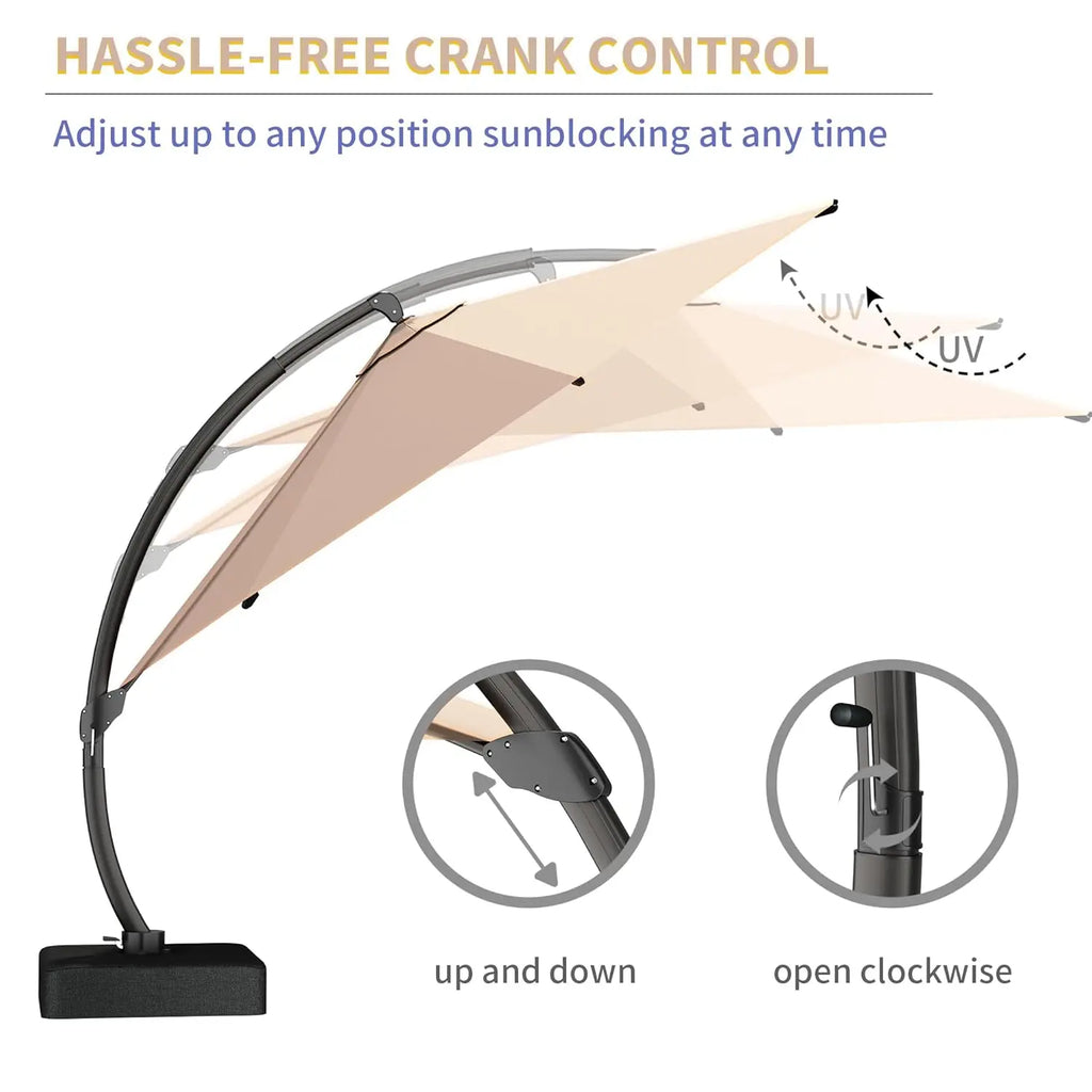 11ft round Aluminum Patio Umbrella with Base - Offset Cantilever Design 360° Rotating Customizable Large Outdoor Shade Umbrella