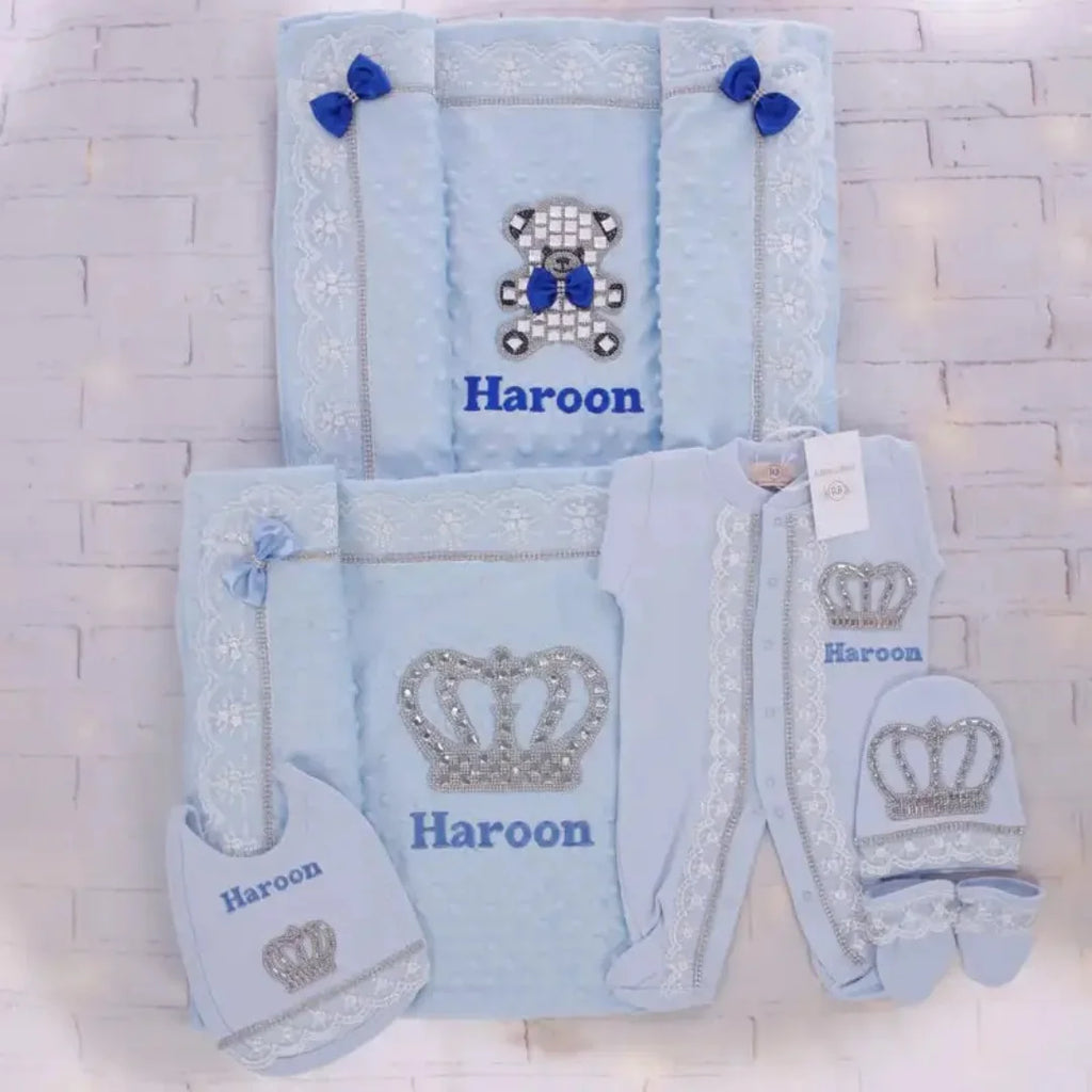 5pcs Newborn Baby Embroidery Lace Romper Outfit Clothing Cotton Infant Wrapped Baby Products Pants Mittens Receiving Blanket