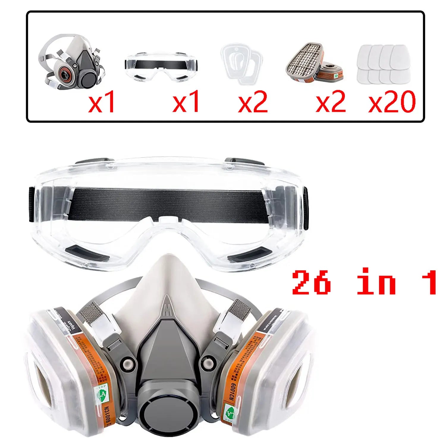 26in1 6200 Half Face Dust Gas Mask Respirator For Industrial Paint Spray Chemical Organic Vapor With Filters Protection
