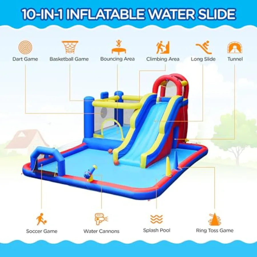 Castillo Inflable 10 en 1 con Tobogán de Agua | PVC Azul | Niños 3-10 Años 🎉 - Firu Total Sales