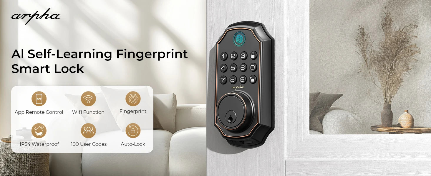 Arpha D280W WIFI Keyless Entry Door Lock 5-in-1 Smart Fingerprint Deadbolt w/ Keypad Electronic Deadbolt Auto-Lock One Touch Loc