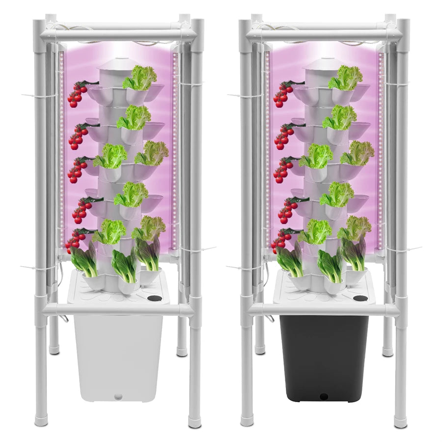 6-Tiers 30 Planting Holes Hydroponics Vertical Growing Kit, Tower Standing Soilless Vegetable Grower with LED & Water Tank