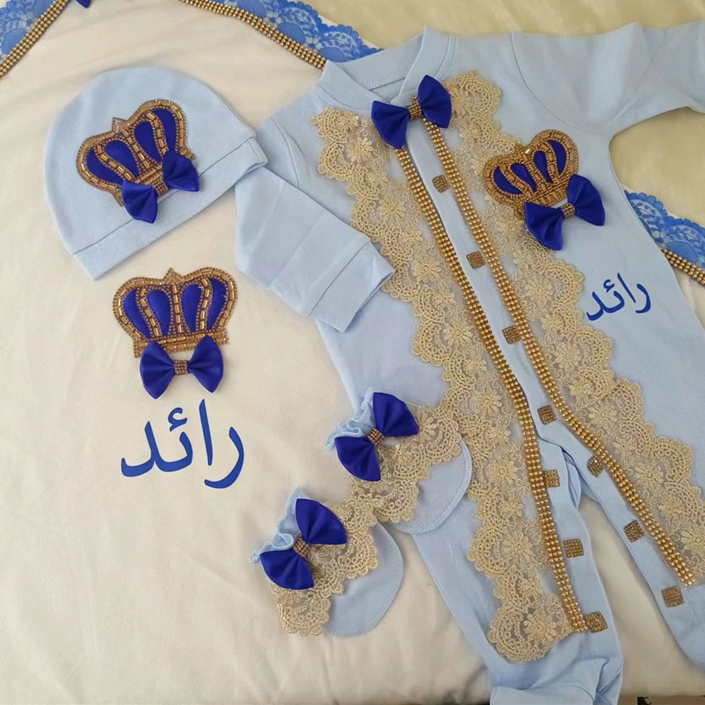 Customized Name Newborn Baby Boss Embroidery Lace Romper Outfit Infant Wrapped Baby Products Pants Mittens Receiving Blanket