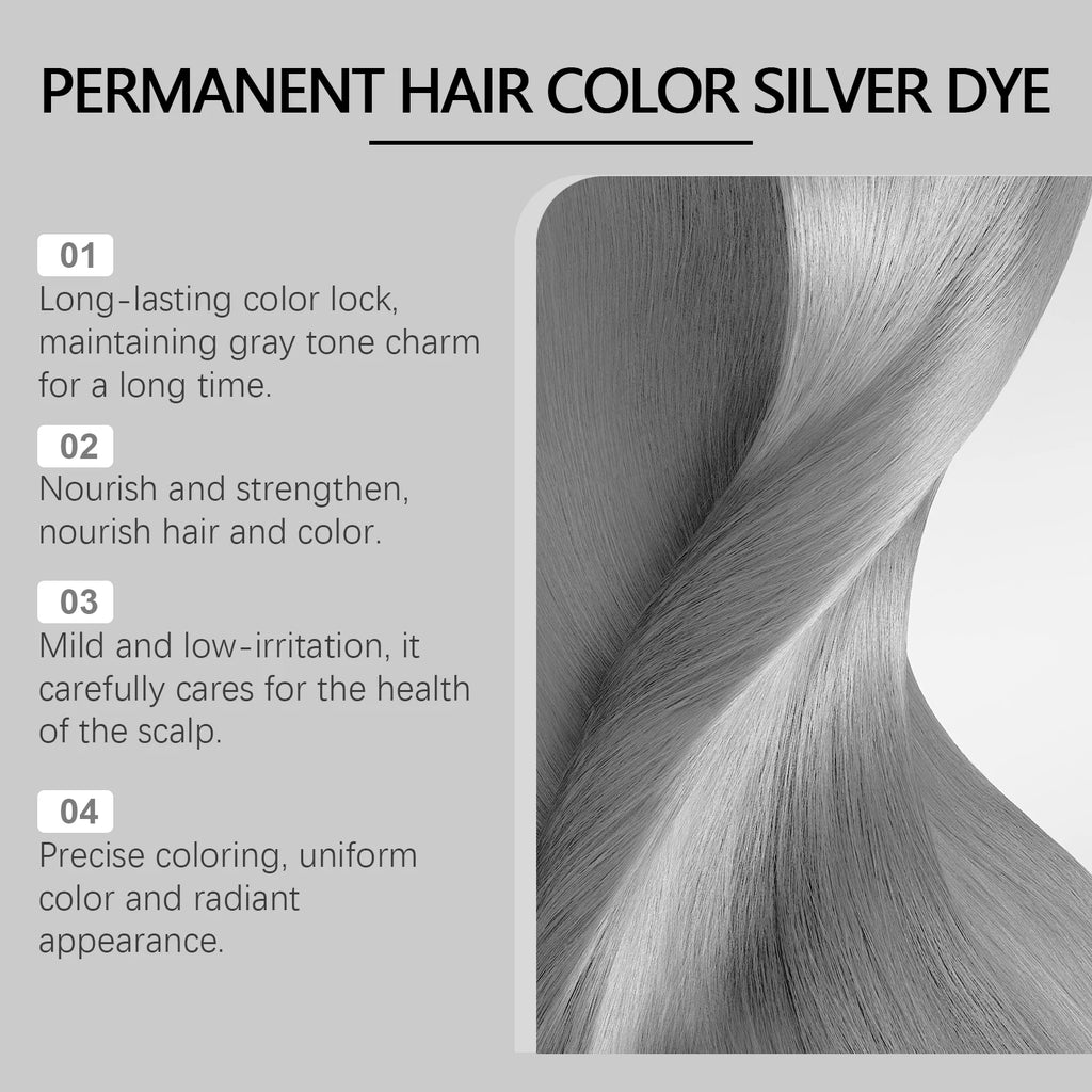 Long Lasting Hair Dye Cream Unisex Permanent Professional Covering Nourishing Non Irritating for Women Men Silver Color Hair Dye