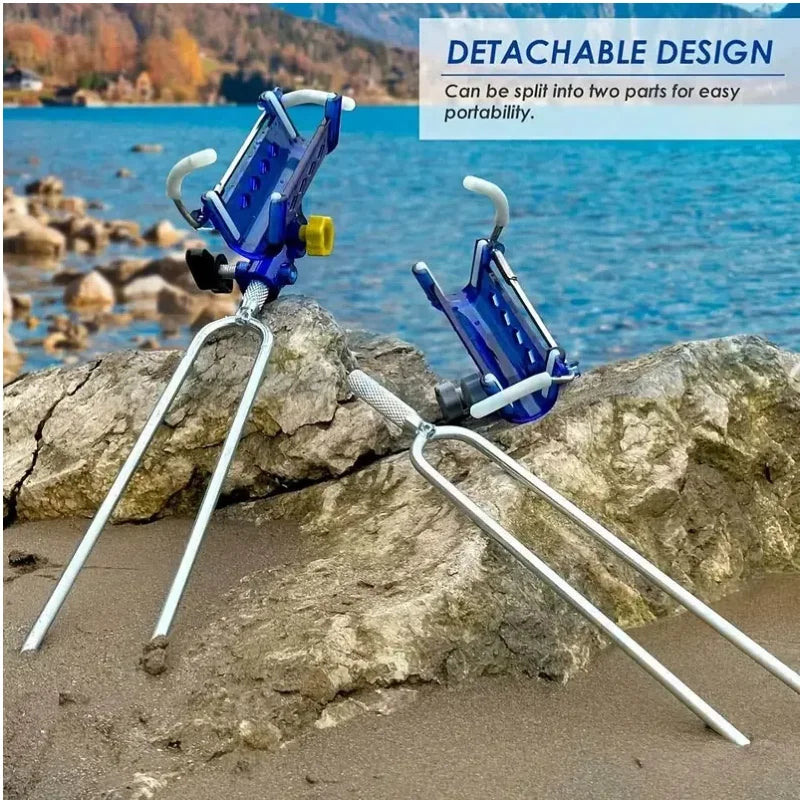 2-piece stainless steel fishing rod holder, 360° adjustable one-touch lock, reinforced nylon tip and tapered drill rod self-lock