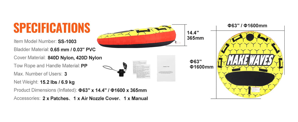 SucceBuy Towable Tube for Boating, 1-3 People Inflatable Towable Tube with Bumper Fins, 510lb Water Sport Towable Tubes for Boat