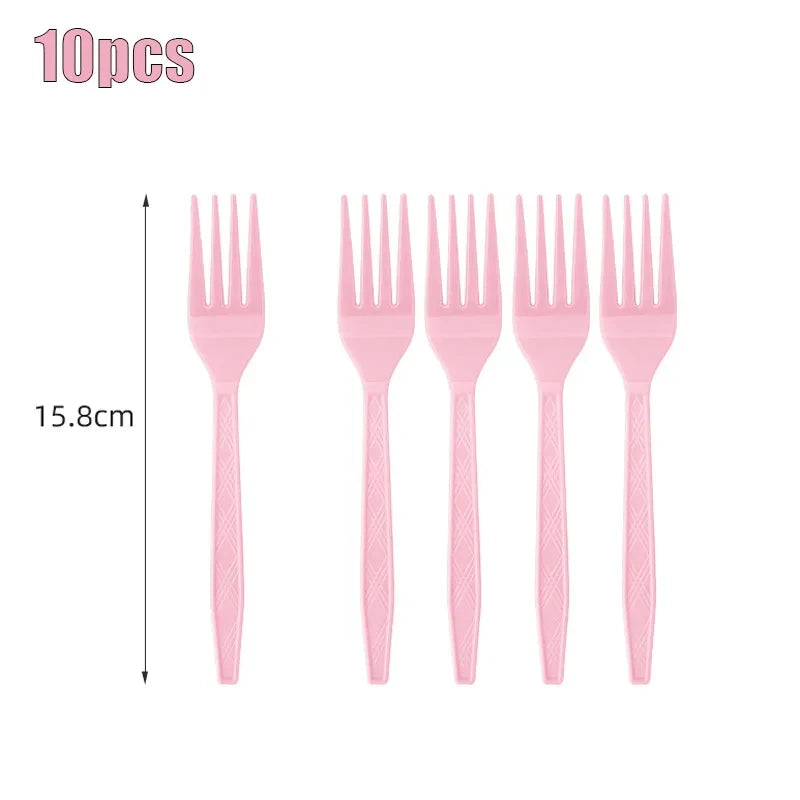 Solid Color Pink Disposable Kids Party Tableware Supplies Napkin Cup Plate Knife Fork Spoon Kids Birthday Party Supplies