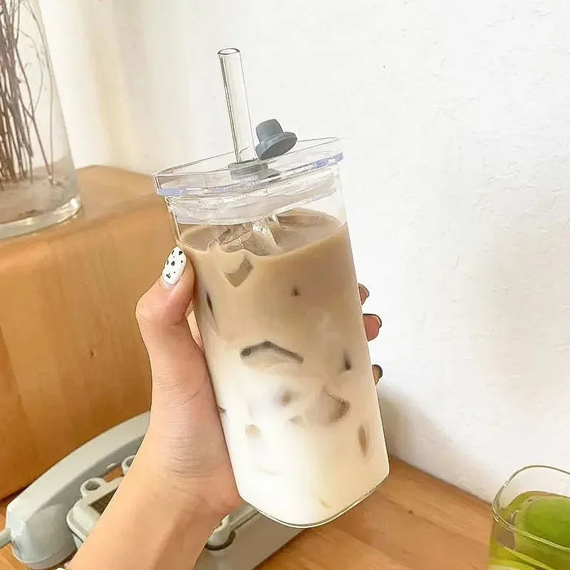 Vaso de Vidrio Cuadrado con Tapa y Pitillo | Resistente al Calor | Café y Té ☕ - Firu Total Sales