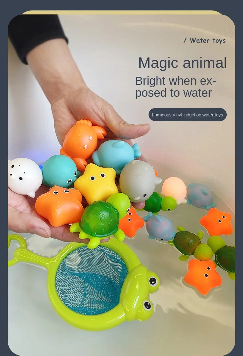 Glowable Animal Washing Water Set Floating Water Light Net Fishing Fish Playing Water Toys Children's Baby Bath Toys Floating