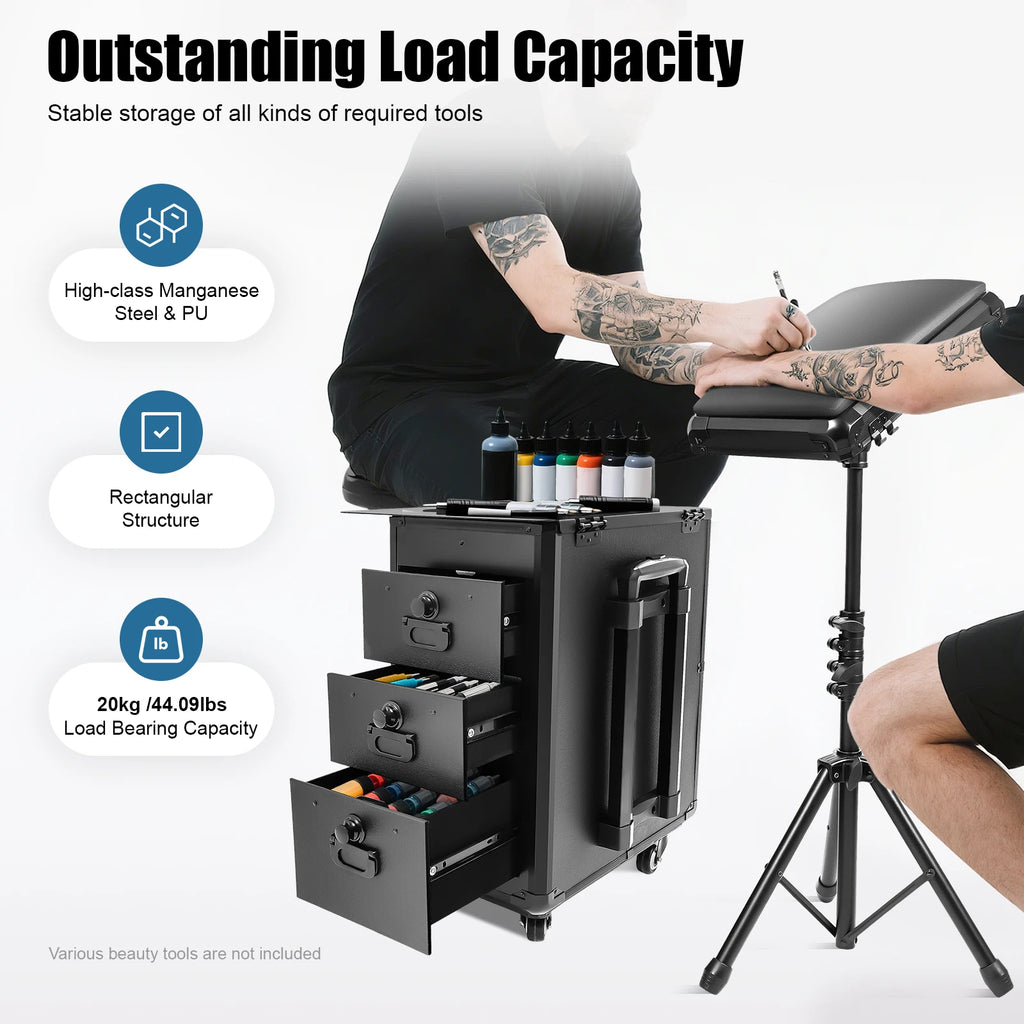 Tattoo Suitcase Mobile Tattoo Trolley Case Rolling Makeup Train Case W/ 3 Drawers for Nail Art Embroidery Hairdressing