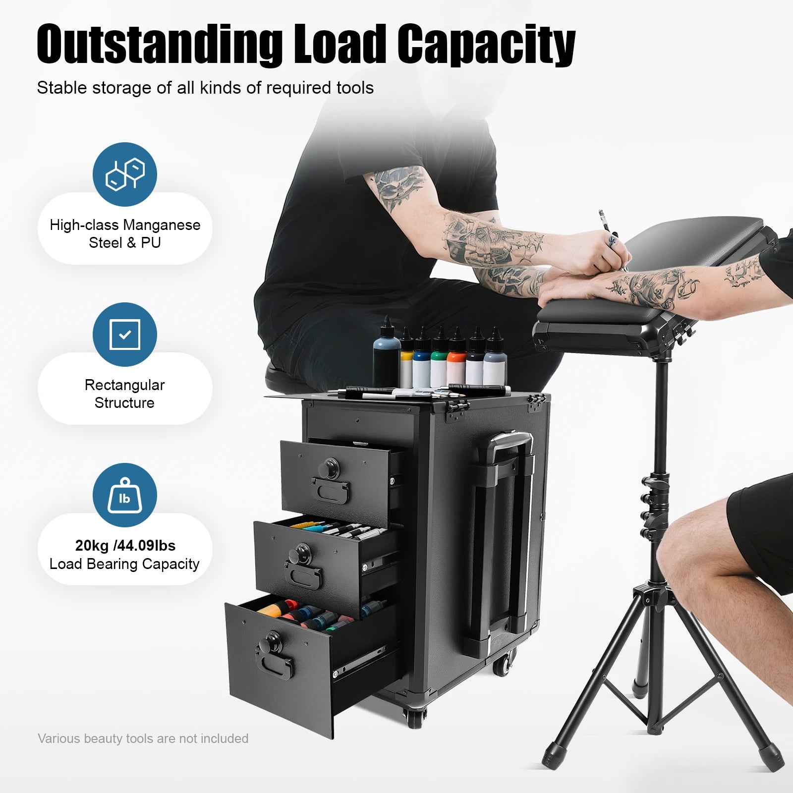 Tattoo Suitcase Mobile Tattoo Trolley Case Rolling Makeup Train Case W/ 3 Drawers for Nail Art Embroidery Hairdressing