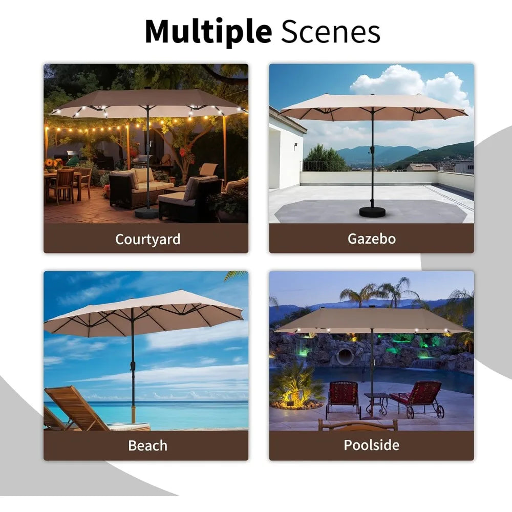 13ft Rectangular Patio Umbrella with 36 Solar LED Lights, Ultimate Sun Protection, Easy To Shake, for Deck, Garden, Khaki