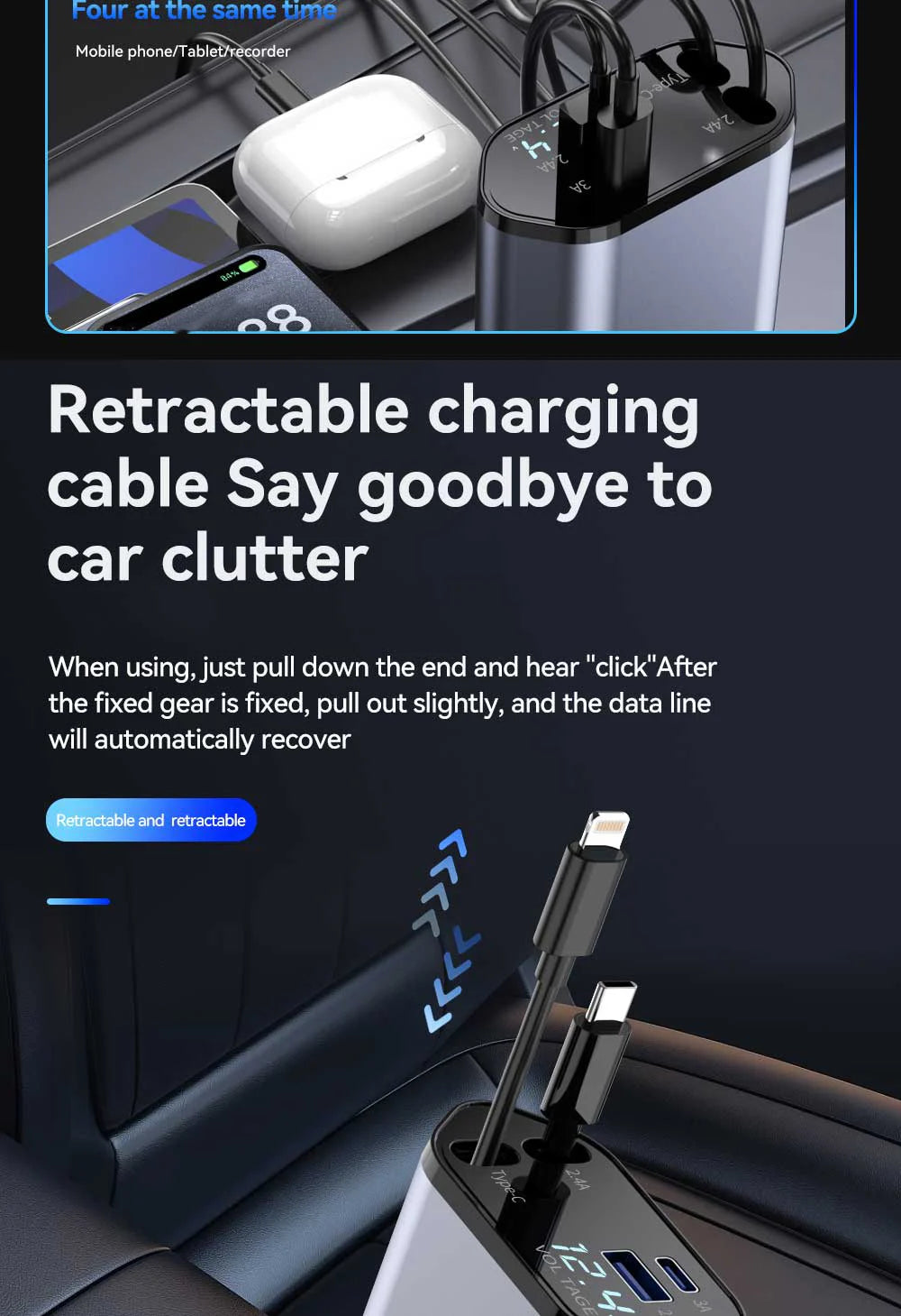 Cargador de Auto 4 en 1 120W Retráctil | USB Tipo C | iPhone Xiaomi Samsung 🔌
