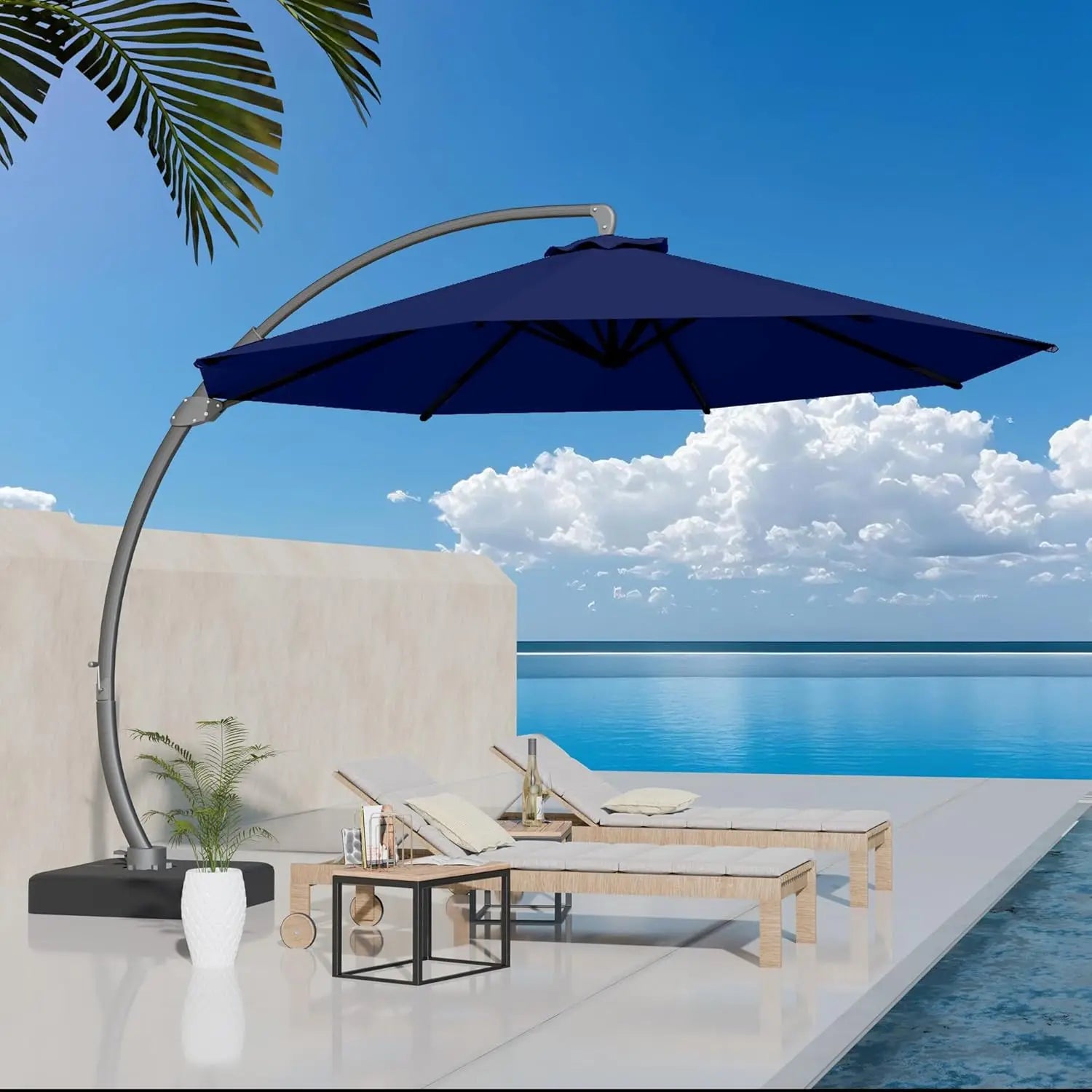 11ft round Aluminum Patio Umbrella with Base - Offset Cantilever Design 360° Rotating Customizable Large Outdoor Shade Umbrella