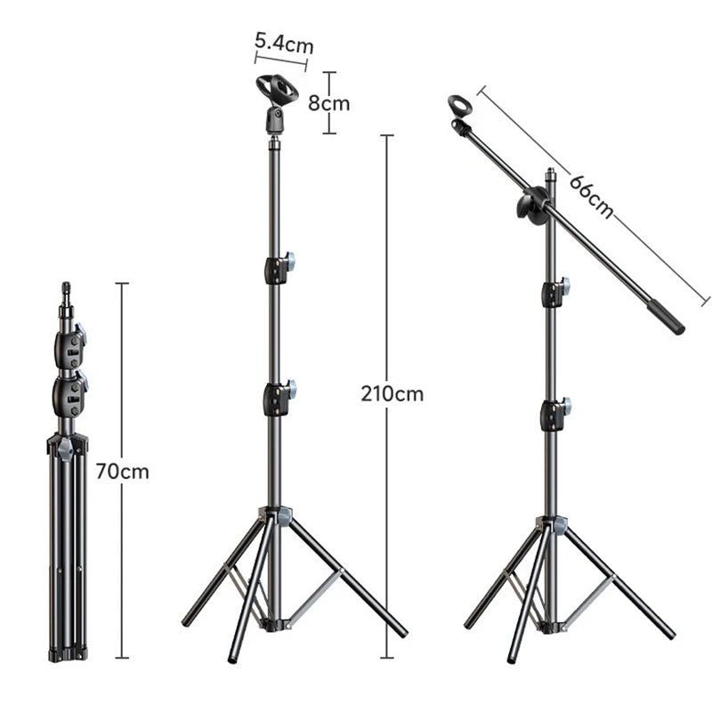 NEW! Microphone Boom Tripod Stand 1.7 2.1M Mic Tripod Bracket 66CM Crossbar Arms With Clip And Phone Holder