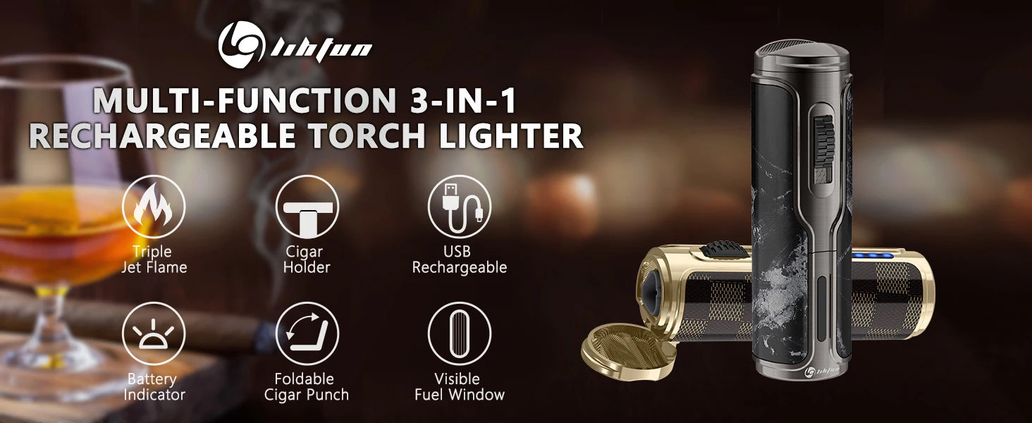 Cigar Lighter with Cigar Punch Holder,Windproof Electric Torch Lighter,Refillable Butane Lighters for Smoking with Gift Box