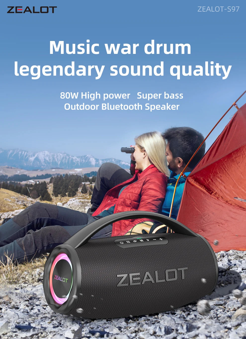 Zealot-S97 80W high power bluetooth speaker portable RGB colorful light waterproof wireless subwoofer 360 stereo surround TWS FM