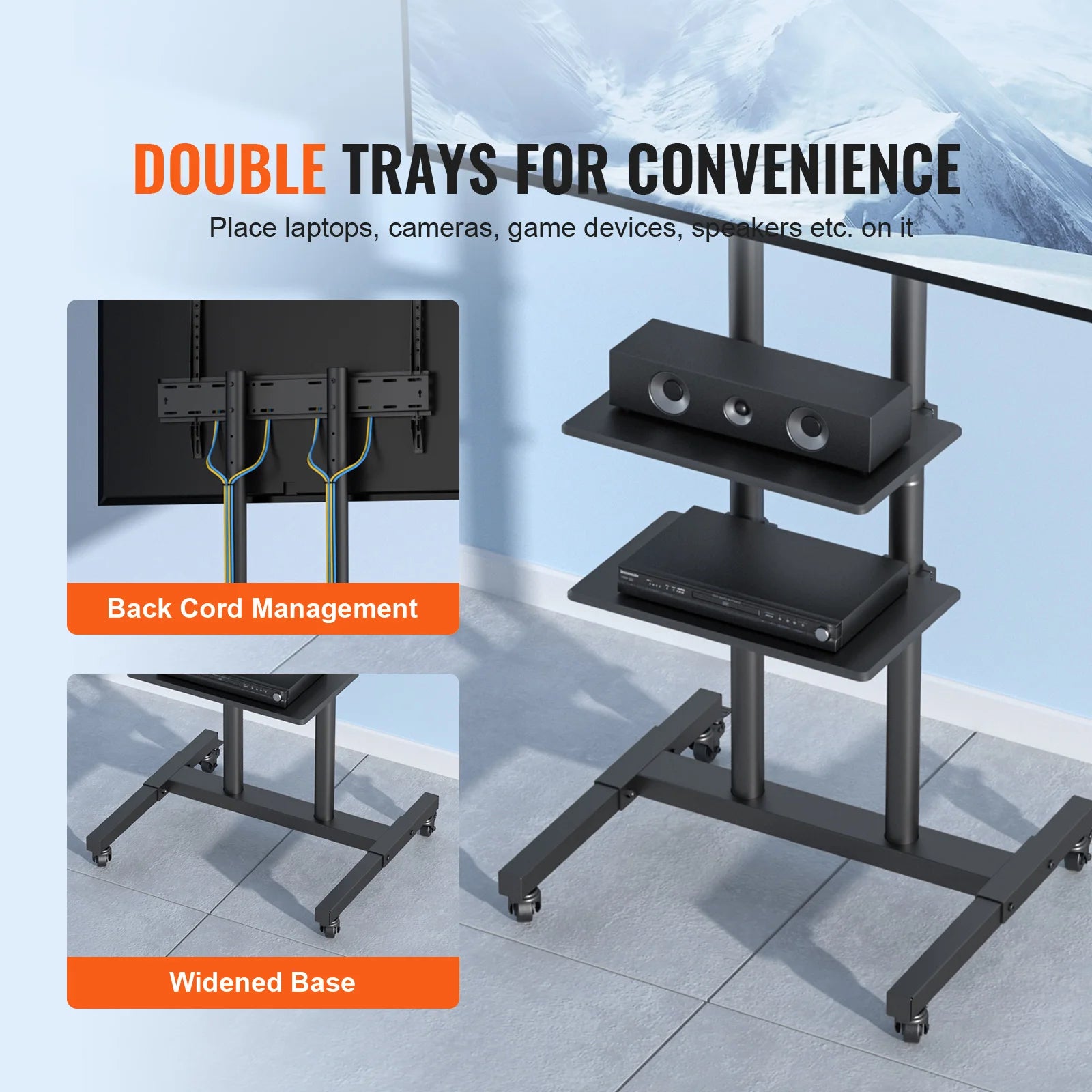 SucceBuy Mobile TV Stand Height Adjustable TV Stand w/ Wheels Double Tray for Audio-Visual Devices Rolling TV Stand for Bedroom