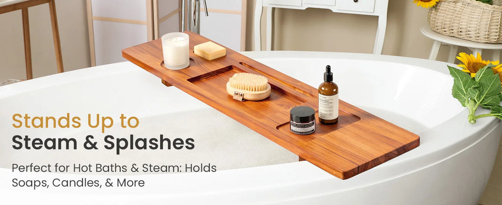 Teak Bathtub Tray Caddy - 29" Wide Adjustable Bathtub Table for Freestanding Tubs, Non-Slip Design with Phone/Wine Holder, Brown