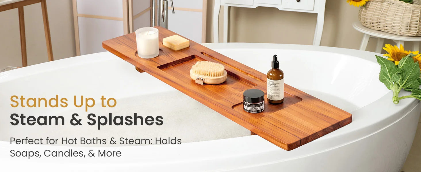 Teak Bathtub Tray Caddy - 29" Wide Adjustable Bathtub Table for Freestanding Tubs, Non-Slip Design with Phone/Wine Holder, Brown