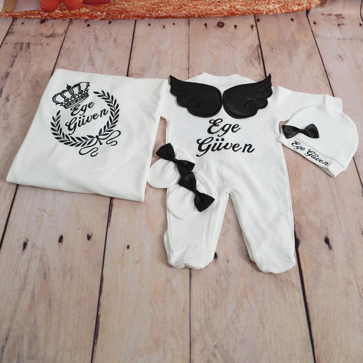 Customized Name Newborn Baby Boss Embroidery Lace Romper Outfit Infant Wrapped Baby Products Pants Mittens Receiving Blanket