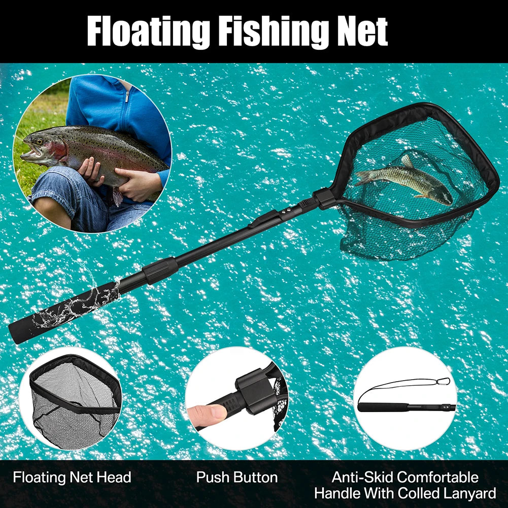 Collapsible Fishing Landing Net with Telescoping Pole Handle Extend to 190cm 100cm 80cm Fishing Net For Saltwater Freshwater