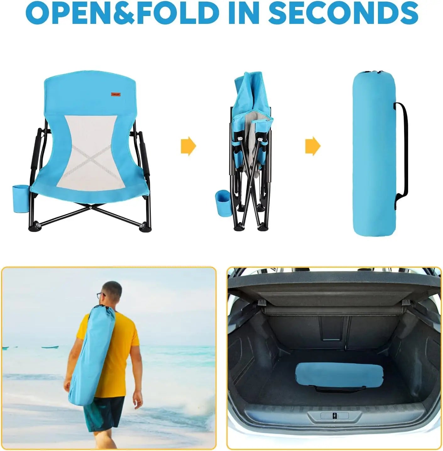 Low Profile Folding Beach Chair for Adults, 2 Pack with Cup Holder & Carry Bag, Heavy Duty for Outdoor Sand, Camping, Concert