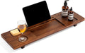 Teak Bathtub Tray Caddy - 29" Wide Adjustable Bathtub Table for Freestanding Tubs, Non-Slip Design with Phone/Wine Holder, Brown