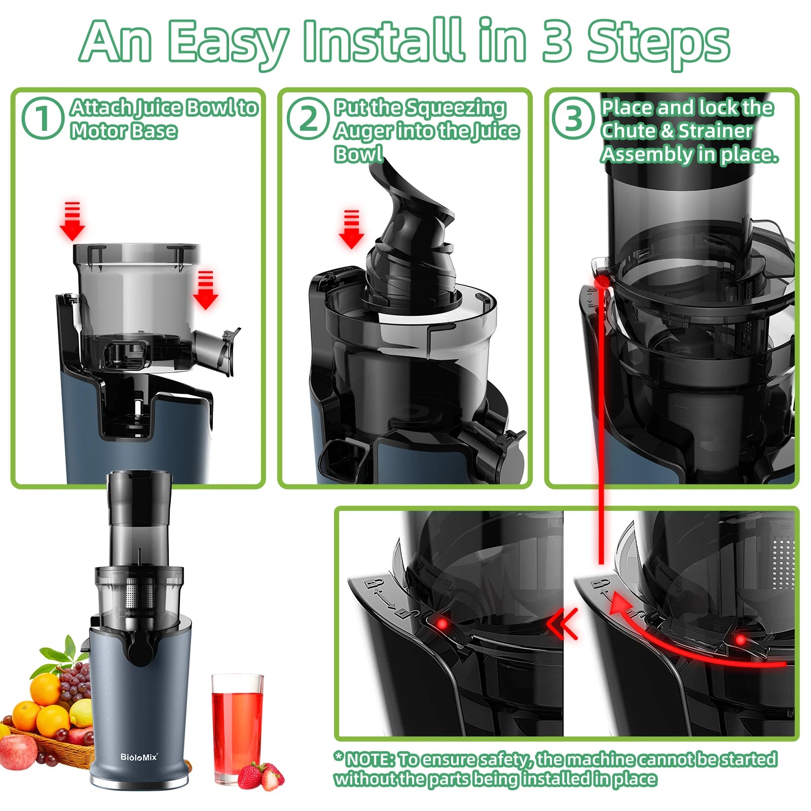 BioloMix Cold Press Juicer with 78mm Feed Chute, 200W 40-65RPM Powerful Motor Slow Masticating Juice Extractor Fits Whole Fruits