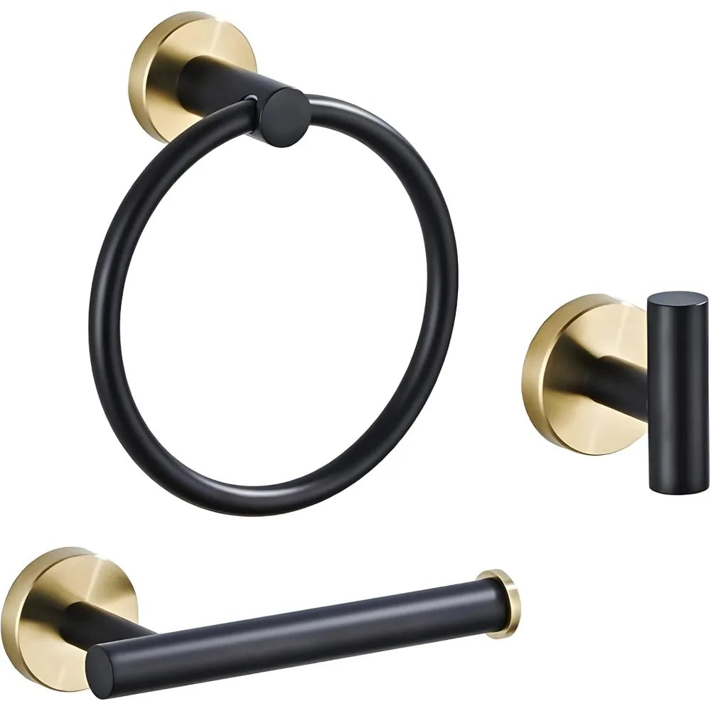 Luxury Black & Gold Wall-Mounted Stainless Steel 3-Piece Towel Bar Set - Modern Bathroom Hardware Accessories Towel Rack