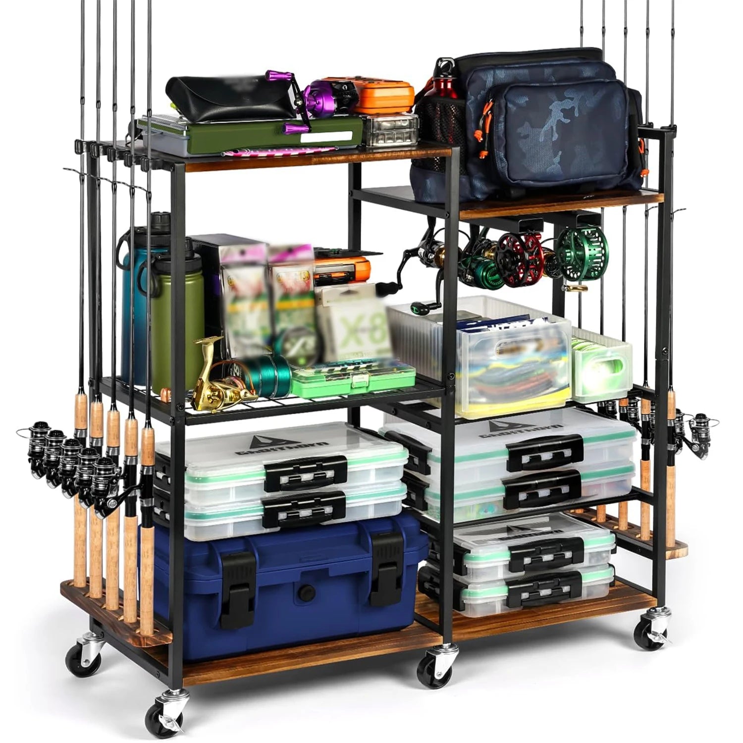 Fishing Rod Holders for Garage Fishing Pole Rack Containers Included, up to 10 Rods Tackle Box Reel Storage Fishing Rod Rack