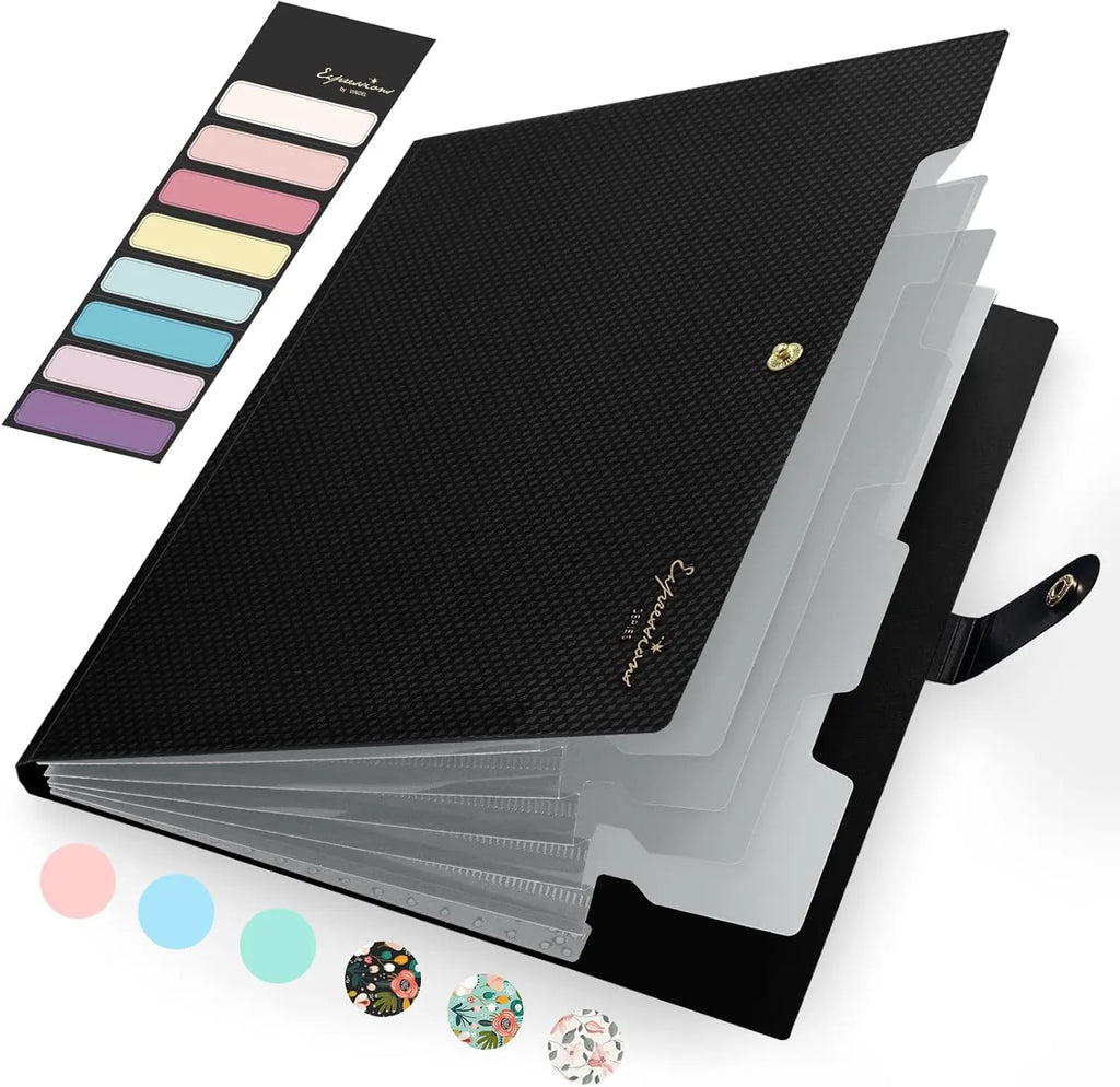 Letter Size Expanding File Folder with Labels, 5 Pocket Organizer for Documents, Portable A4 Black for Home School Office