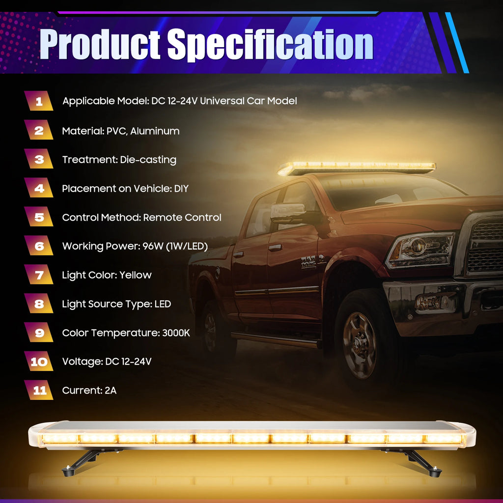 96 LED Strobe Light Bar w/Controller 16 Strobe Modes Yellow Flash Light Emergency Warning Lamp 150LM Burst Light IP65 Waterproof