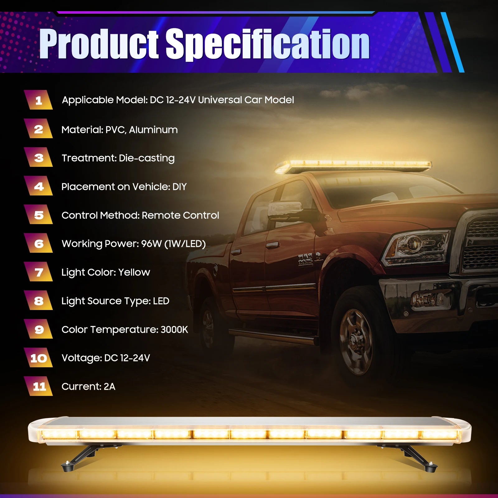 96 LED Strobe Light Bar w/Controller 16 Strobe Modes Yellow Flash Light Emergency Warning Lamp 150LM Burst Light IP65 Waterproof