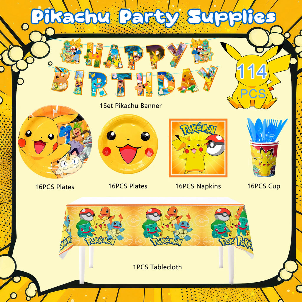 Pokemon Party Tableware,114 Pcs Pokemon Birthday Party Decorations- Pikachu Tablecloth Banner Plates etc Pokemon Party Supplies