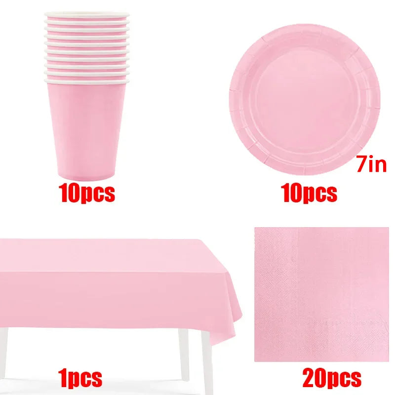 Solid Color Pink Disposable Kids Party Tableware Supplies Napkin Cup Plate Knife Fork Spoon Kids Birthday Party Supplies