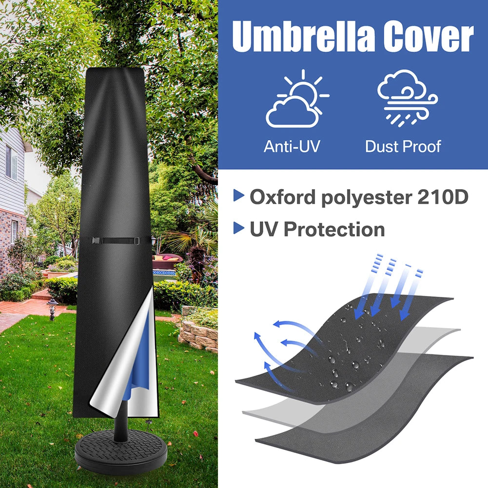 210D Straight Parasol Cover Waterproof Parasol Protective Cover with Zip Weatherproof UV-Anti Windproof Garden Umbrella Cover