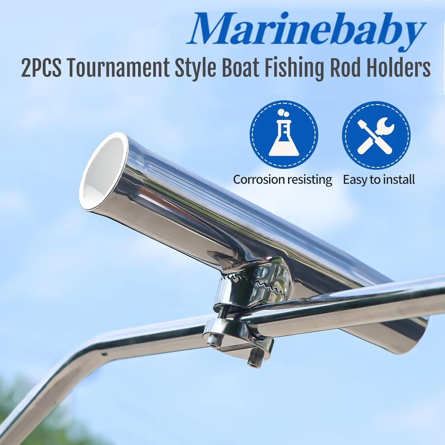 2PCS Adjustable Fishing Rod Holders, 316 Stainless Steel Clamp for 7/8" to 1" Rail, Tournament Style