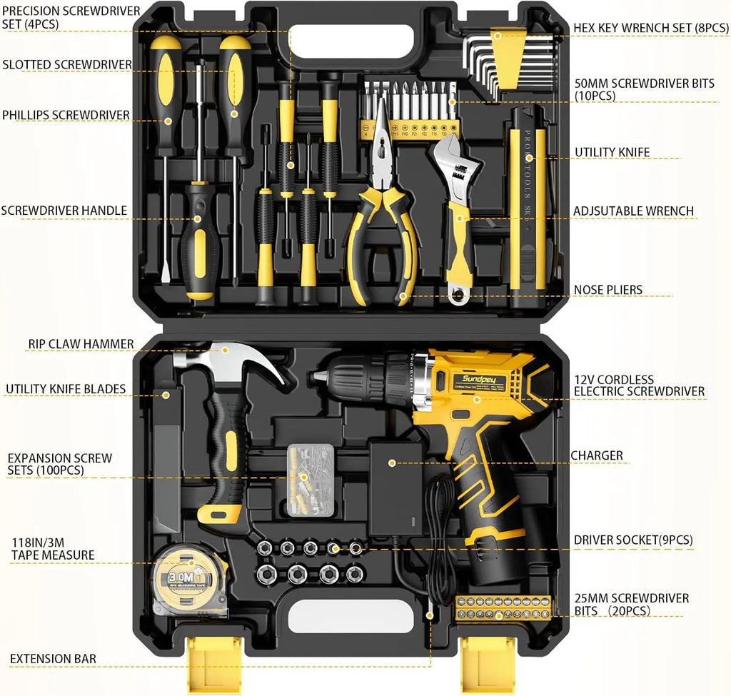166-Piece Home Repair Tool Set with Cordless Drill & Tool Box for House Apartment Office Garden