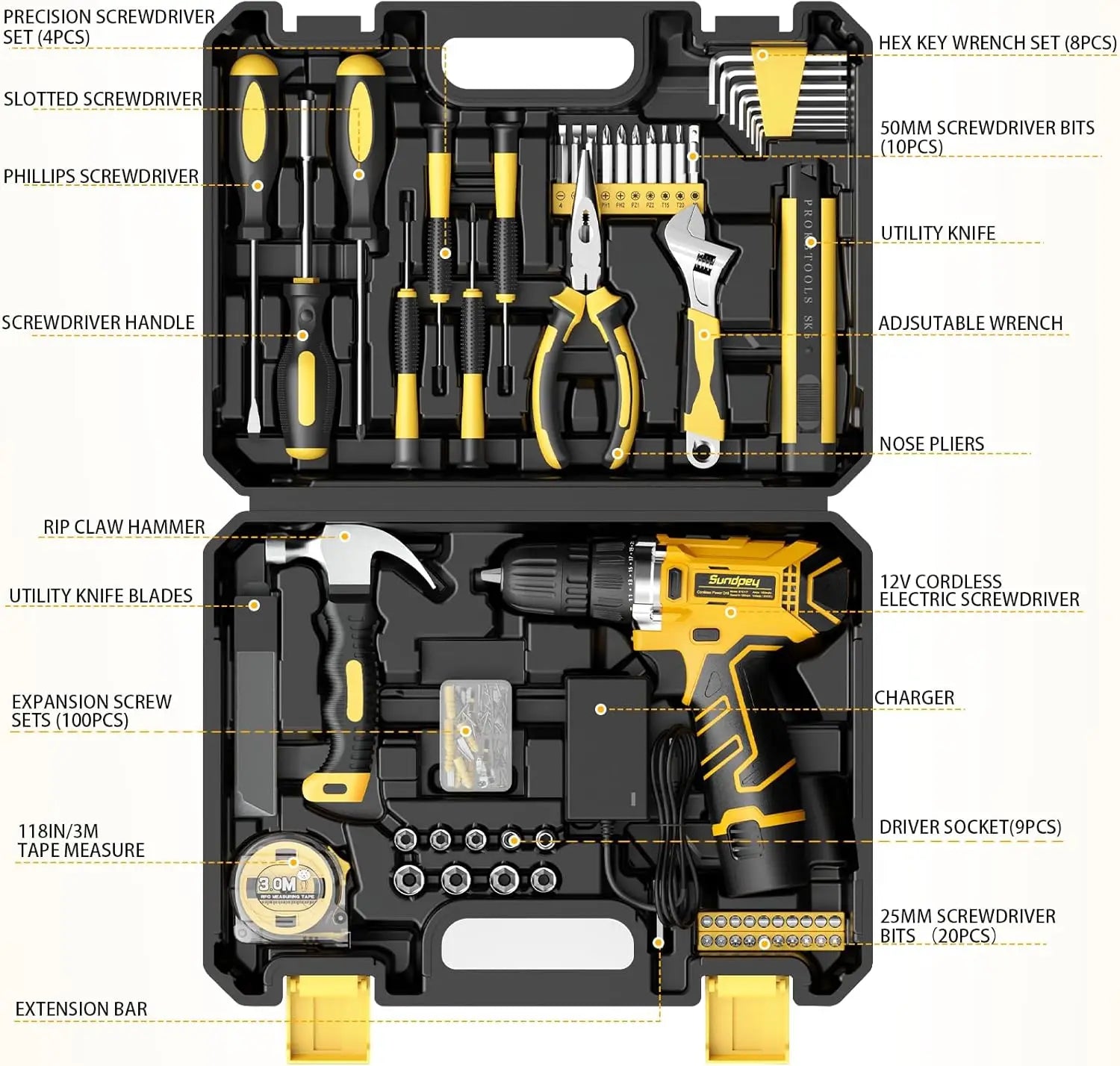 166-Piece Home Repair Tool Set with Cordless Drill & Tool Box for House Apartment Office Garden