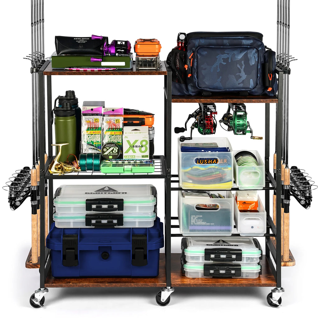 Fishing Rod Holders for Garage Fishing Pole Rack Containers Included, up to 10 Rods Tackle Box Reel Storage Fishing Rod Rack