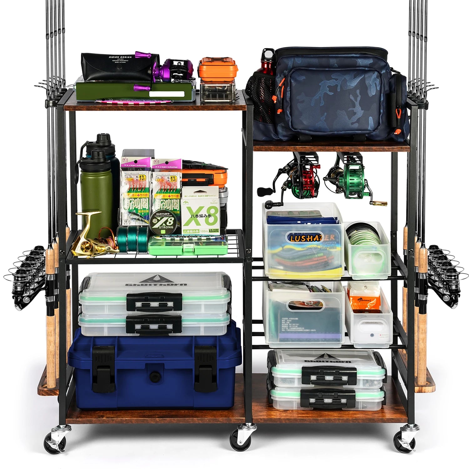 Fishing Rod Holders for Garage Fishing Pole Rack Containers Included, up to 10 Rods Tackle Box Reel Storage Fishing Rod Rack