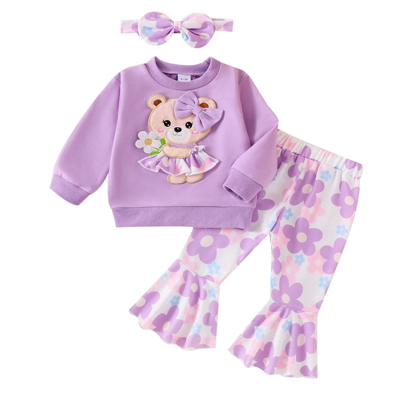 Cute Toddler Girl Autumn Ensemble Bear Embroidered Sweatshirt Floral Flare Pants Headband - 3 Piece Set for Fall - Firu Total Sales