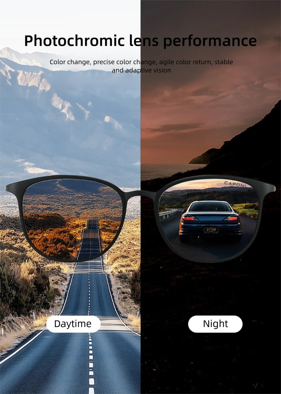 CAPONI Oval Men's Sunglasses Photochromic Polarized Sun Glasses For Men Protect UV Ray Super Light Driving Black Glasses BS520